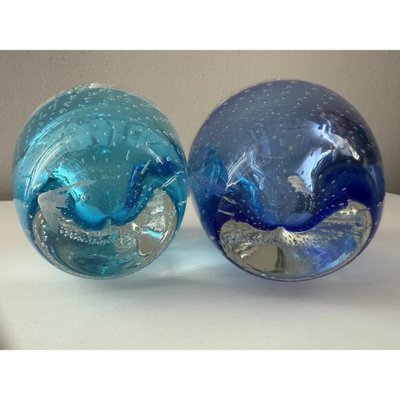 Vintage Murano Style Blue Glass Apple Paperweights Lot of 2 Heavy 6.5” - Picture 8 of 8